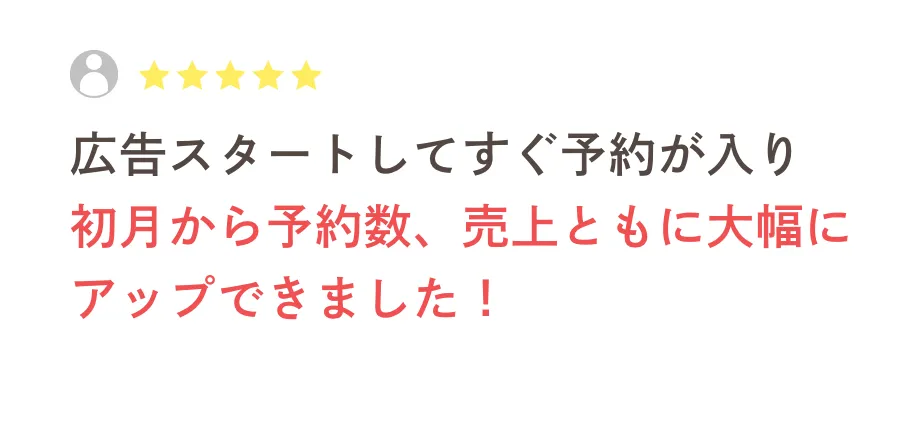 広告スタートしてすぐ予約が入り初月から予約数、売上ともに大幅にアップできました！